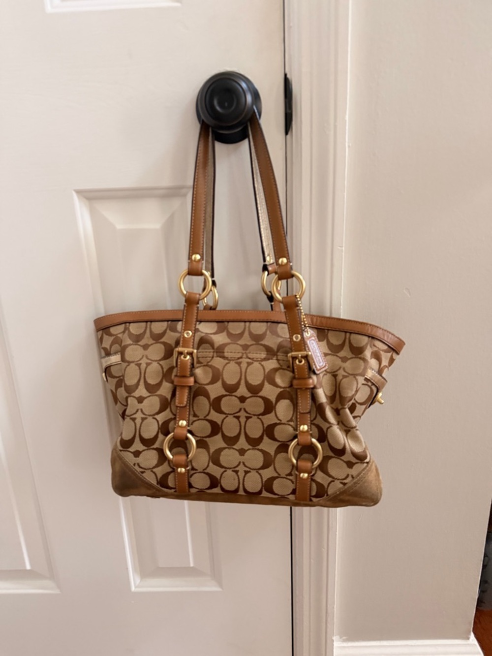 Coach Brown Signature Canvas Shoulder Tote with Leather Trim
